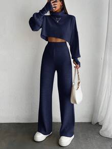 EURMUSE 2pcs Women Plain High Collar Long Sleeve Top And Pants Set - Navy Blue - View 4