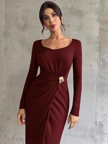 Firerie Women's Elegant Refined Daily New Commuting Minimalist Fashion Ruched High Waist Metal Decor Bodycon Long Sleeve Dark Brown Long Dress - Burgundy - View 7