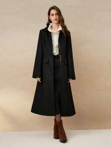 Cévolie 女装秋冬新款法式优雅翻领收腰高端中长款羊毛混纺大衣 - 黑色 - 查看 3