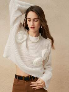 INAWLY Suéter de punto de mujer con cuello redondo, hombros caídos, manga larga y decoración floral, de unicolor - Blanco - Ver 6
