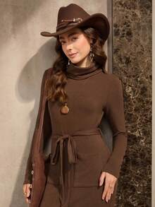 Wildy American Street Fashion High Neck Fitted Waist Pocket Dress, Suitable For Airport, Home, And Outdoor Wear