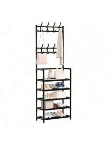 1pc Entry Coat Rack, 23.62" Wide Entryway Shoe Rack, Free Standing Clothes Hanger With 4/5 Tier Storage Shelves And 8 Double Hooks, Organizer For Living Room, Bathroom, Hallway (Self-Assembly Required)