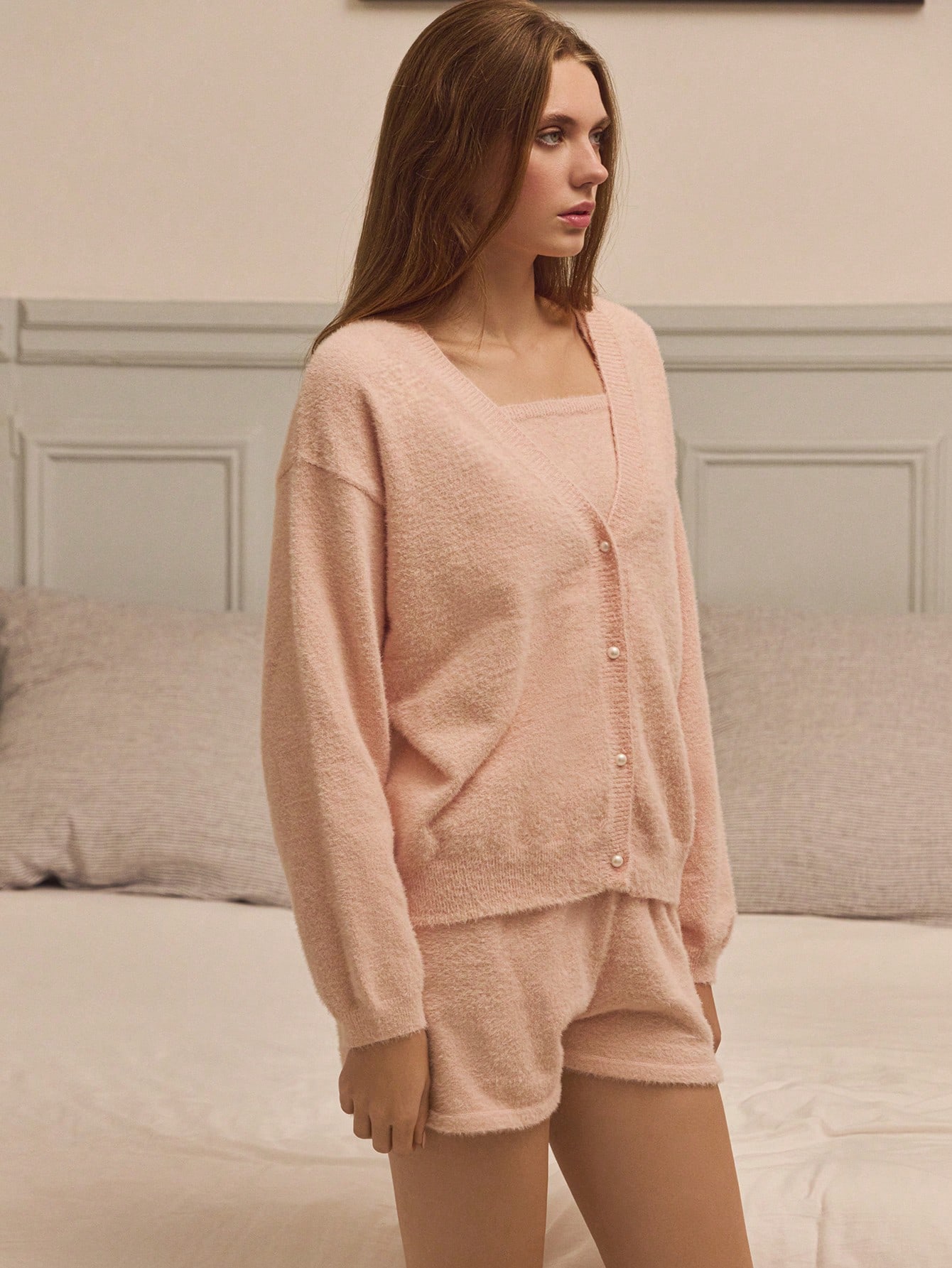 Cream Fluffy Knit Cosy 3 Pieces Loungewear Set With Cami Top Shorts And Pear Button Front Cardigan Loungewear Women Comfy Set Sleep Wear Women Pink Lounge Wear