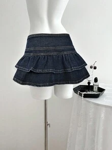 Elamini Women's Ruffle Front Button Denim Mini Skirt - Dusty Blue - View 2