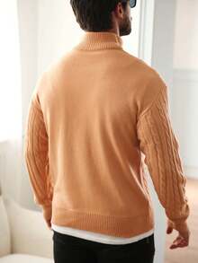 Manfinity Homme Jersey de cuello alto con media cremallera de punto de cable de unicolor para hombre, otoño/invierno - Naranja Quemada - Ver 2