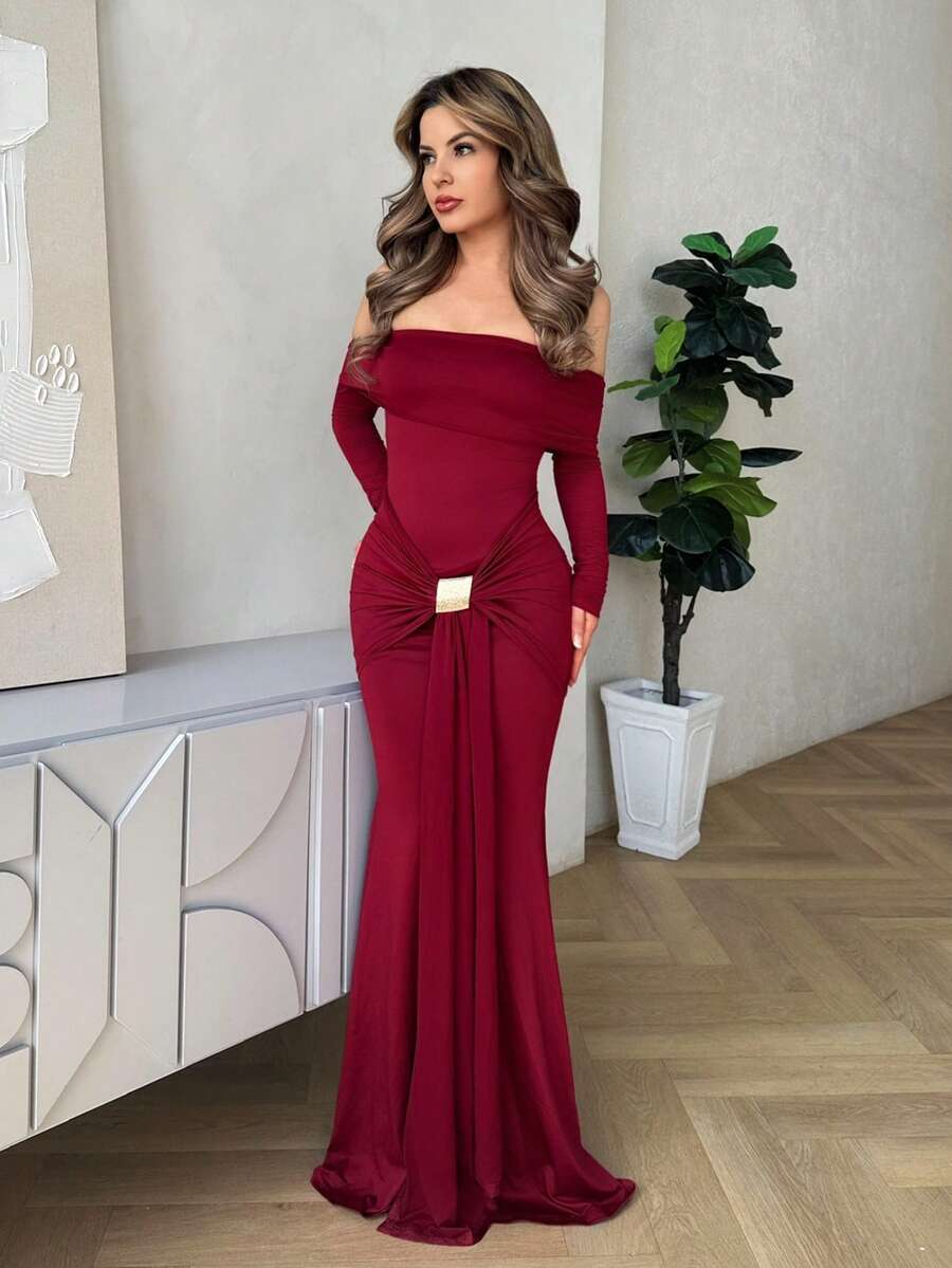 Jemour Off Shoulder Long Sleeve Maxi Dress Vacation Summer Spring Romantic Wedding Guest Holiday Beach Ibiza Fall Night Out Going Out, Church, Date Night - Burgundy - View 1