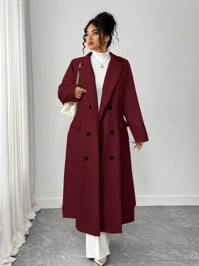 Elenzga 大码女式纯色双排扣复古长翻领大衣，秋冬