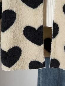 Tween Girls Casual All-Match Versatile Homewear Daily School Linen Heart Jacquard Fleece Collar Open Front Mid-Length Autumn/Winter Jacket - Khaki - View 4