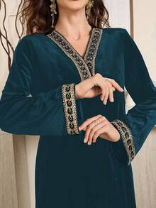 Al Najma Elegant Velvet Long Sleeve Dress, High-Quality Goddess Style, Spring/Autumn 2024 New Arrival - Blue - View 5