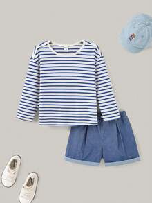 Joliand Joliand 2 件套年轻女孩都市优雅蓝白条纹船领长袖 T 恤和蓝色短裤套装，适合派对、郊游、日常穿着、返校、夏季、秋季