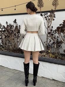 Andrea Bello Plaid Print Button Front Crop Jacket & Pleated Mini Skirt Two Piece Skirt Set - White - View 2
