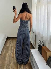 StreetHx 街头服饰女款水洗牛仔蓝白条纹抹胸连体裤，秋季