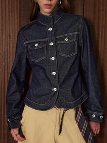 Easelle Áo khoác denim nữ kiểu retro du mục hơi rộng với khóa kim loại, phong cách grunge, áo khoác denim nữ cao bồi, áo khoác denim nữ kiểu miền Tây, áo khoác denim ngắn cho nữ - Màu xanh lam - Xem 6