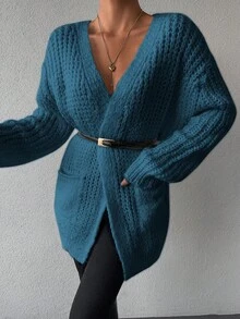 EURMUSE Solid Color, Loose Fit, Comfortable Cardigan With Pocket - Navy Blue - View 6