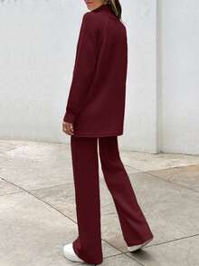 EURMUSE Elegant Cable Knit Sweater With Zipper & Sweater Pants Co-Ords - Burgundy - View 2