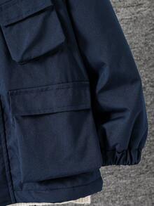 SHEIN 男童休闲日常通勤翻盖口袋拉链保暖内衬连帽棉服外套，秋冬