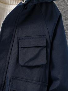 SHEIN 男童休闲日常通勤翻盖口袋拉链保暖内衬连帽棉服外套，秋冬