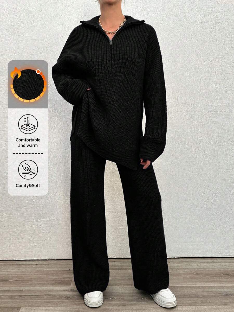 EURMUSE 2pcs Women's Solid Color Zipper Top And Pants Casual Knit Sweater Set - Black - View 1