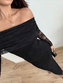 Sunnyshic Elegant Solid Color Lace Off-Shoulder Wedding Christmas Party Dress - Black - View 4