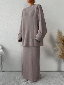 EURMUSE Solid Color Drop Shoulder Sweater And Woolen Skirt - Mocha Brown - View 5