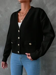 EURMUSE Cárdigan De Color Liso Con Hombros Caídos Y Frente Abierto Para Mujer - Negro - Ver 4