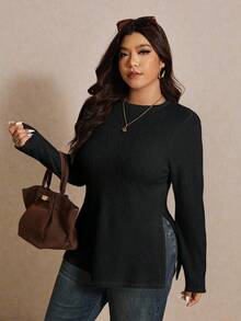 Elaquor Plus Size Casual Solid Color Side Slit Long Sleeve T-Shirt/Winter - Black - View 5