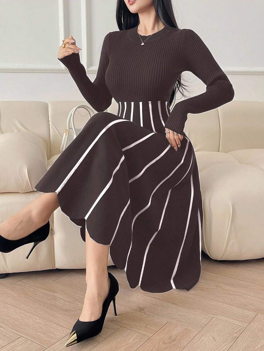 DAZY 女式优雅拼色条纹针织毛衣裙,秋季 - 咖啡棕 - 查看 1