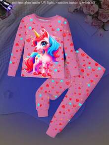 Conjunto de pijama de punto con cuello redondo, estampado de unicornio, bloque de color y luz en el corazón que brilla en la oscuridad para niñas, de tela elástica, cómodo y ajustado, con manga larga y pantalones, color rosa