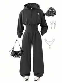 Sparklyn 1 件女童连帽连体裤，长袖拉链半开腰，马印花，阔腿休闲连体裤，秋季 - 深灰色 - 查看 1