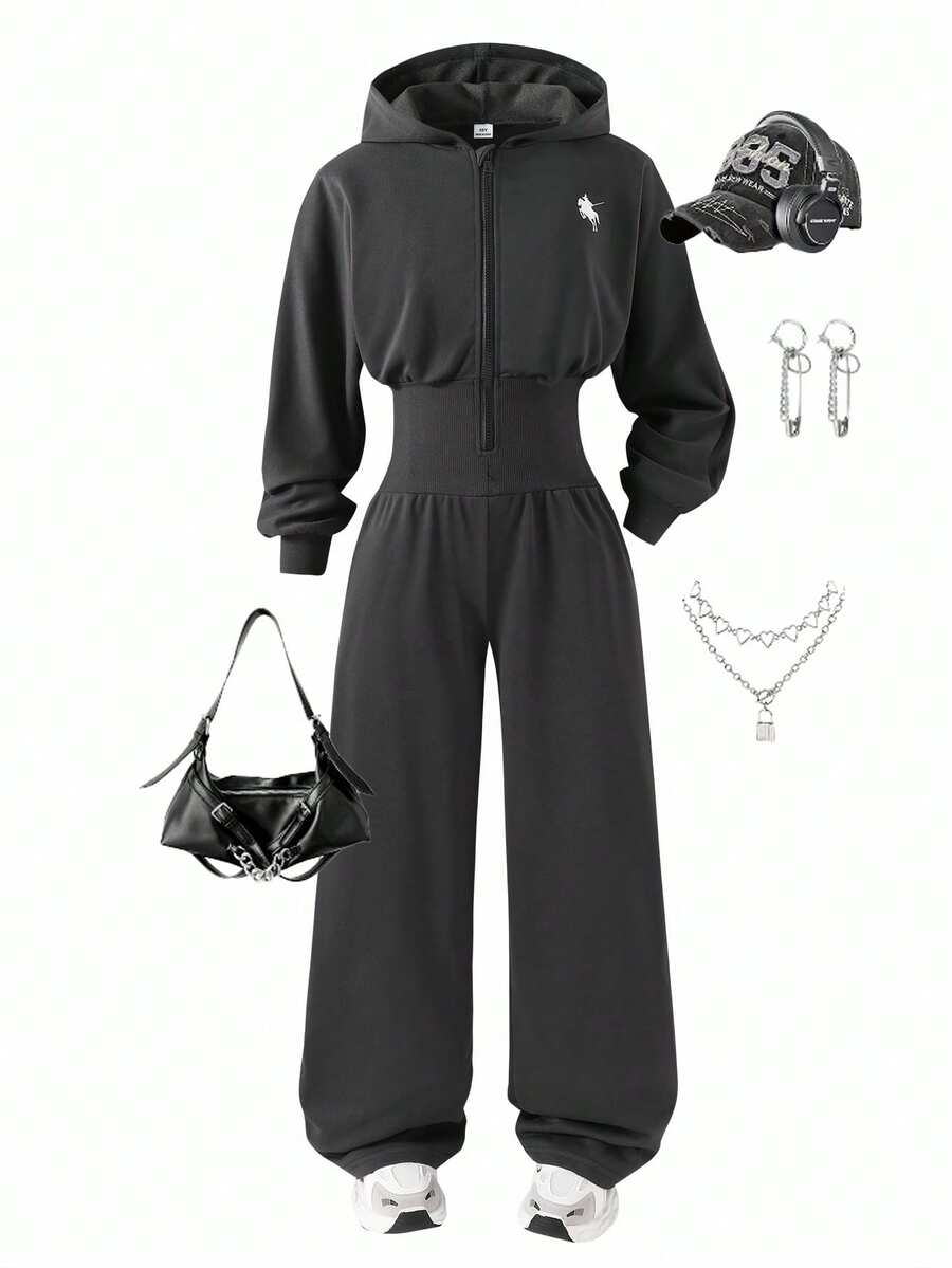 Sparklyn 1 件女童连帽连体裤，长袖拉链半开腰，马印花，阔腿休闲连体裤，秋季 - 深灰色 - 查看 1