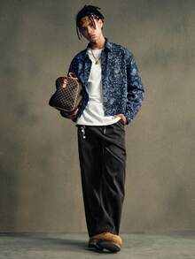 AXEPEAK 男士佩斯利印花休闲落肩牛仔衬衫，长袖上衣 - 藍色 - 查看 6