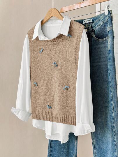 Modelyn Gilet sans manches décontracté en tricot unicolore avec broderie, pour femmes, pour l'automne/l'hiver