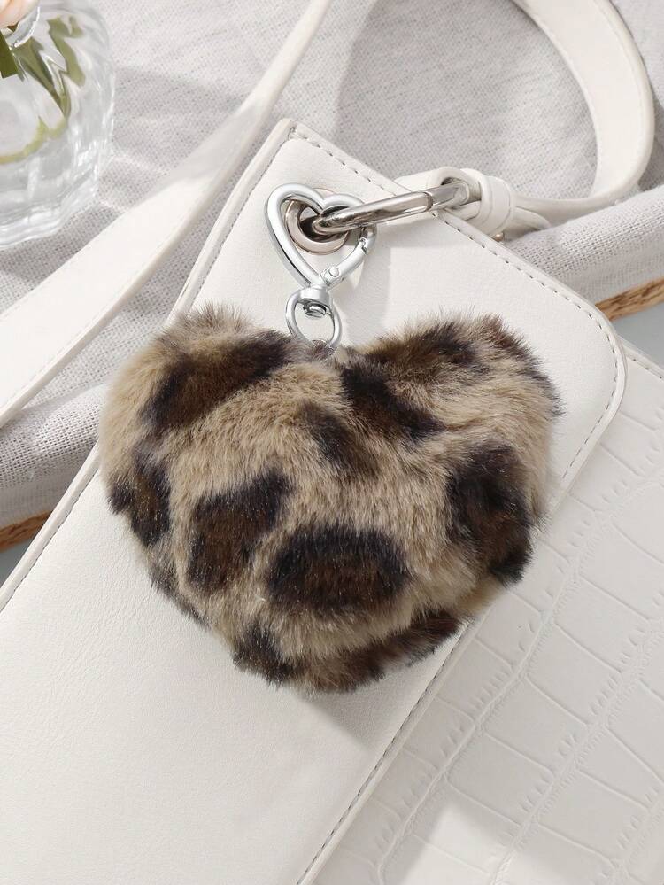 ROMWE Kawaii 1pc Random Color Y2K Minimalist Fashionable Vintage Casual High-Quality Pink/Burgundy/Brown/Gray Leopard Print Plush 3D Heart DIY Keychain Bag Charm, Suitable For Sisters, Best Friends, Couples, Women, Daily Wear, Holiday Gift - Multicolor - View 6