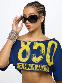 SUMWON WOMEN 女式露肩宽松短款 T 恤，毛边下摆，图案印花，短袖，530 档案上衣 - 藏蓝色 - 查看 6