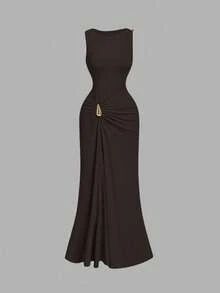 SHEIN MOD Brown Metal Buckle Pleated Asymmetric Fitted Mermaid Long Dress With Twist Detail And Round Neck,Dresses For Women Elegant - Brown - View 5