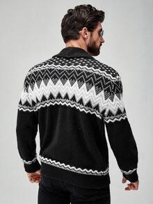 Manfinity Homme 男士撞色复古风开衫，秋冬款，长袖上衣 - 黑色 - 查看 2