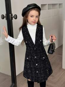SHEIN Elladie kids 2 件套年轻女孩罗纹立领长袖 T 恤和连衣裙套装，优雅时尚，适合工作，春秋季 - 黑色 - 查看 1