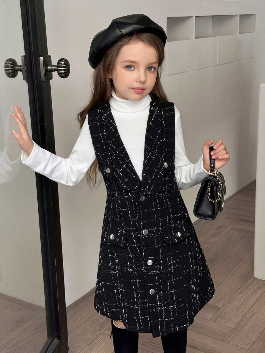 SHEIN Elladie kids 2 件套年轻女孩罗纹立领长袖 T 恤和连衣裙套装，优雅时尚，适合工作，春秋季 - 黑色 - 查看 1