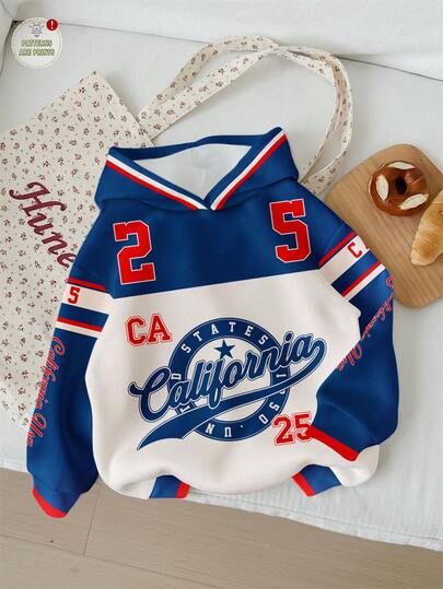 SHEIN EZwear 休闲复古运动风红蓝米色撞色数字英文印花卫衣，适合秋冬季穿着