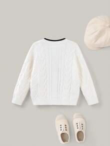 PrepCrw 1 件年轻女孩优雅校园风格休闲都市百搭白色罗纹黑色饰边开衫，适合外出、聚会、返校、秋冬 - 白色 - 查看 3