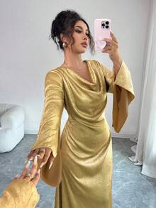 Elenzga Elegant långklänning med draperad krage, öppna ärmar och åtsittande midja, rygglöst knytband för kvinnor, vår/höst - Guld - Visa 3