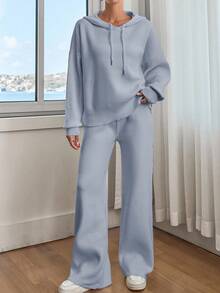 EURMUSE Women Solid Color Drop Shoulder Hooded Pullover & Sweater Pants Set - Baby Blue - View 6