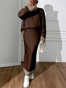 EURMUSE Women Round Neck Drop Shoulder Pullover & Sweater Skirt Set