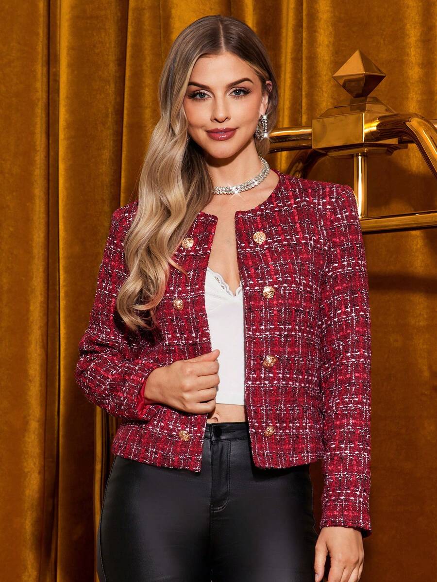 Amorya Giacca scozzese doppiopetto da donna, alla moda e versatile per l'autunno/inverno