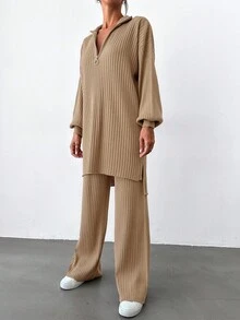 EURMUSE Women's Solid Color Zip-Up Half Placket Drop Shoulder Long Sleeve Long Sweater And Flared Pants Casual 2-Piece Set, Autumn/Winter - Camel - View 4