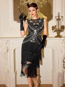 Vintamour 女士时尚亮片流苏下摆无袖连衣裙，适合派对、夏季 - 黑色 - 查看 7