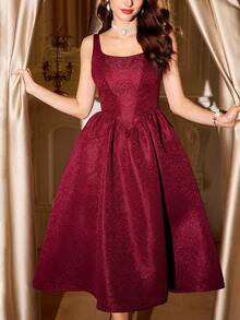 Vintamour 复古优雅女式连衣裙，带口袋，提花纹理，派对/节日长裙，女式冬装，女式冬装，女式万圣节服装，圣诞服装，女式圣诞装，女式圣诞服装，圣诞女装，圣诞连衣裙，圣诞派对连衣裙，新年服装，新年服装，派对连衣裙，优雅派对连衣裙，优雅女式连衣裙，优雅女式连衣裙，女式奢华晚礼服 - 酒紅色 - 查看 4