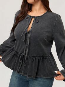 Elaquor 大码女式纯色打结荷叶边下摆休闲长袖开衫