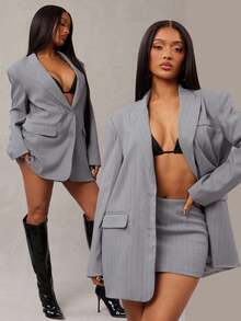 Radiana Conjunto de traje gris a rayas oversize de moda para mujer, chaqueta tipo blazer con hombros acolchados y falda de cintura baja en 2 piezas (incluye leggings anti-exposición), adecuado para salidas casuales, ir al trabajo, fiestas, citas en otoño/invierno