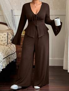 Flirla Plus Size Front Tie Flare Sleeve Fitted Knit Top And Pants 2 Pieces Set - Coffee Brown - View 7